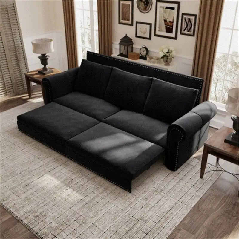 3-in-1 King Pull Out Sofa Bed Chesterfield Sofa, Velvet/Faux Leather Convertible Sleeper Sofa with Nailhead Trim & Rolled Arm