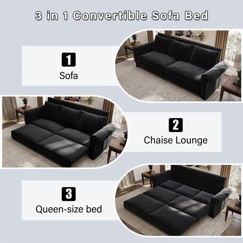 3-in-1 King Pull Out Sofa Bed Chesterfield Sofa, Velvet/Faux Leather Convertible Sleeper Sofa with Nailhead Trim & Rolled Arm