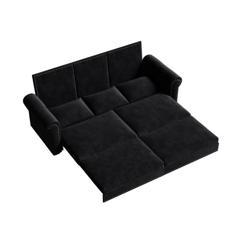 3-in-1 King Pull Out Sofa Bed Chesterfield Sofa, Velvet/Faux Leather Convertible Sleeper Sofa with Nailhead Trim & Rolled Arm