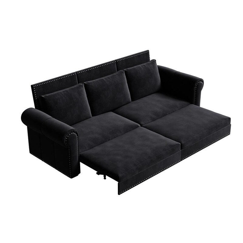3-in-1 King Pull Out Sofa Bed Chesterfield Sofa, Velvet/Faux Leather Convertible Sleeper Sofa with Nailhead Trim & Rolled Arm