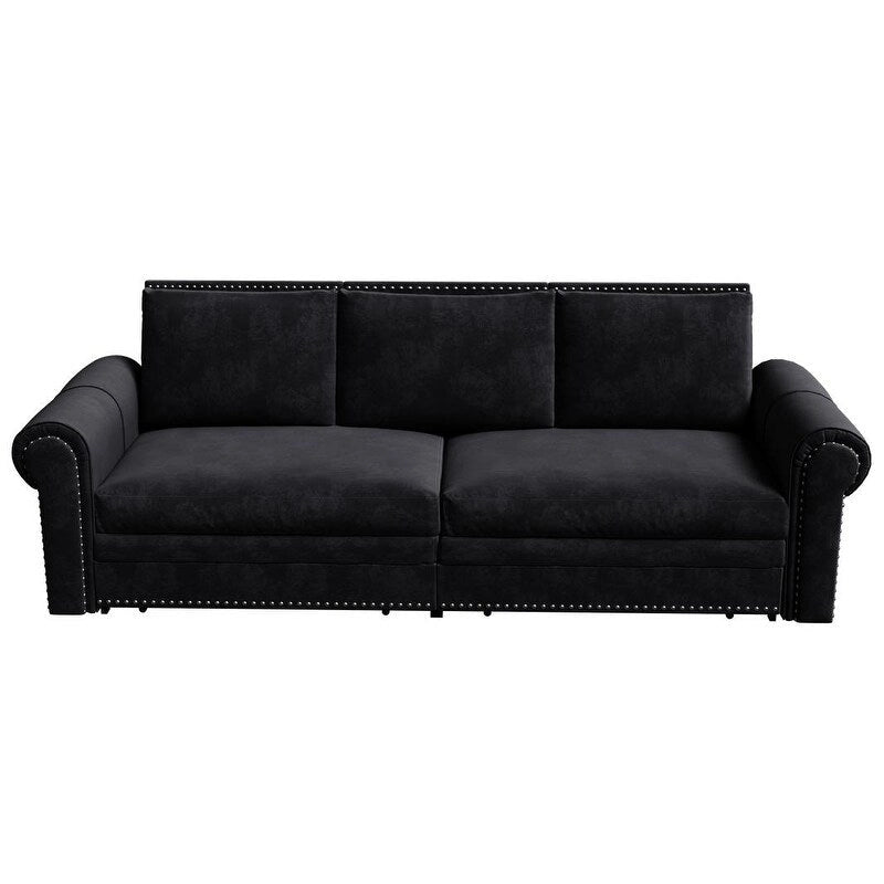 3-in-1 King Pull Out Sofa Bed Chesterfield Sofa, Velvet/Faux Leather Convertible Sleeper Sofa with Nailhead Trim & Rolled Arm