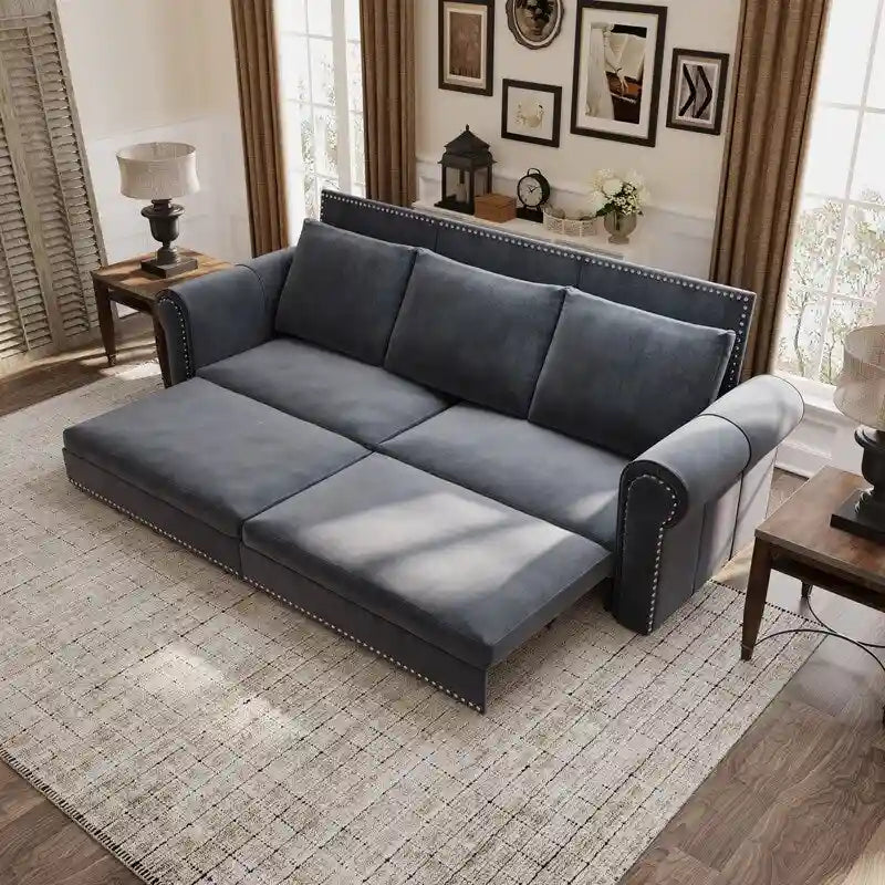 3-in-1 King Pull Out Sofa Bed Chesterfield Sofa, Velvet/Faux Leather Convertible Sleeper Sofa with Nailhead Trim & Rolled Arm