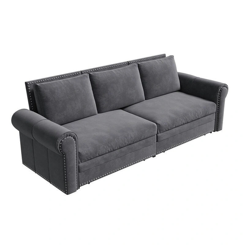 3-in-1 King Pull Out Sofa Bed Chesterfield Sofa, Velvet/Faux Leather Convertible Sleeper Sofa with Nailhead Trim & Rolled Arm