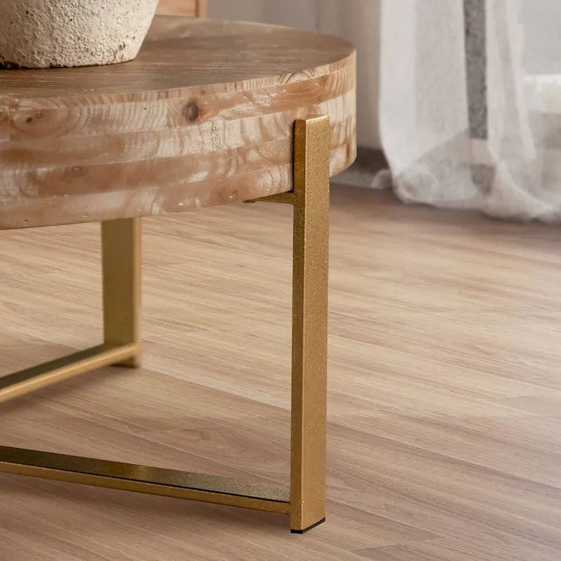 31W Round Coffee Table With Fir Wood Table Top and Metal Frame End Table