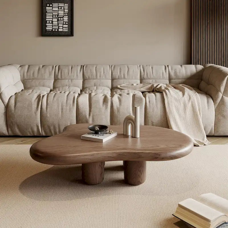 48.4inch Modern Walnut Cloud Shaped Coffee Table, Mid-Century Brown Solid Wood Coffee Table for Livingroom - 48