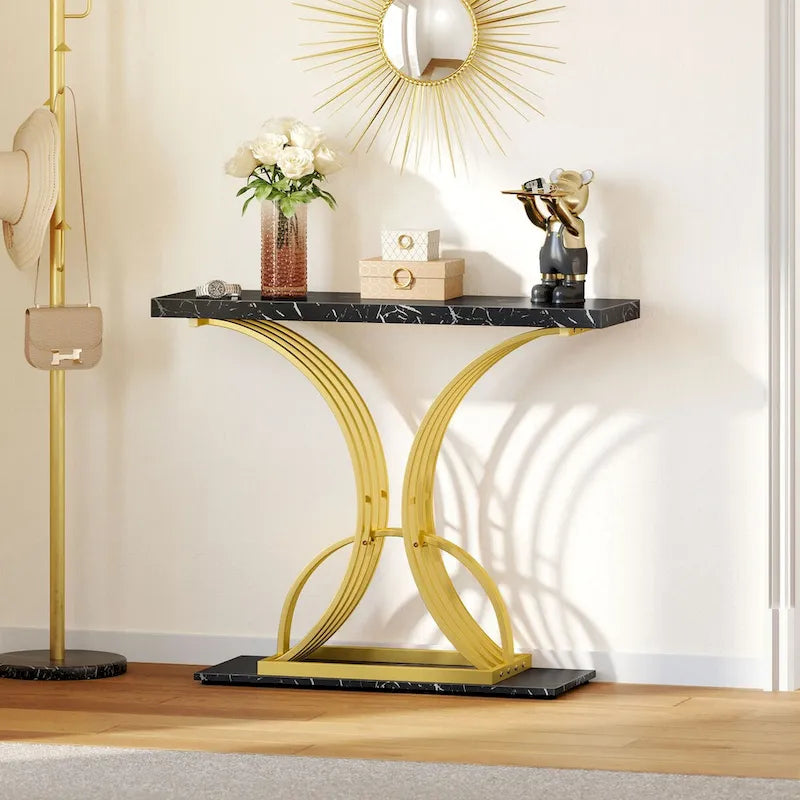 39 Modern Faux Marble Console Table with Gold Base, Entryway Sofa Table for Living Room