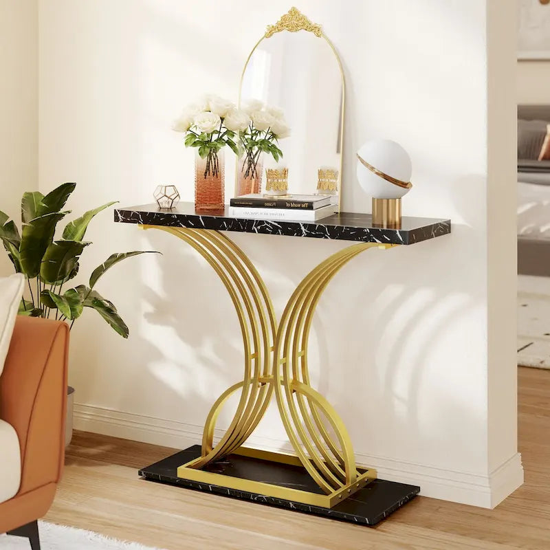 39 Modern Faux Marble Console Table with Gold Base, Entryway Sofa Table for Living Room
